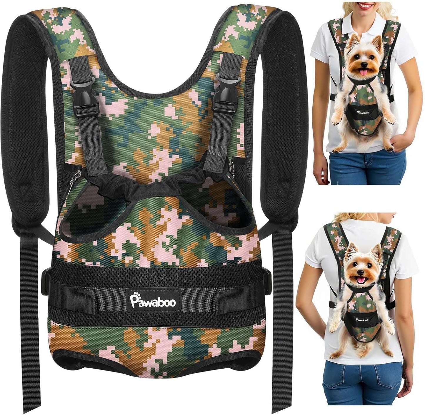 Pawaboo Pet Carrier Backpack, Adjustable Pet Front Cat Dog Carrier Backpack Travel Bag, Legs Out, Easy-Fit for Traveling Hiking Camping for Small Medium Dogs Cats Puppies, Medium, Black