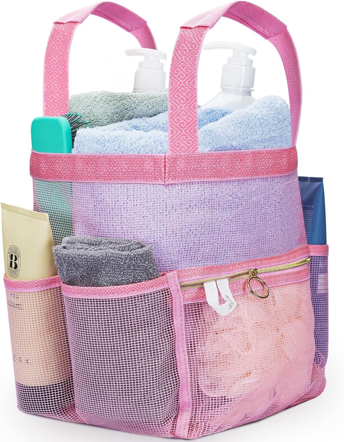 Mesh Shower Caddy Portable 10.2x9.9'' Shower Bag with Zipper & 2 Pockets. Shower Tote Ideal for Gym, Travel, Camp, Beach, for Sunscreen, Dorm & College Essentials (Black)