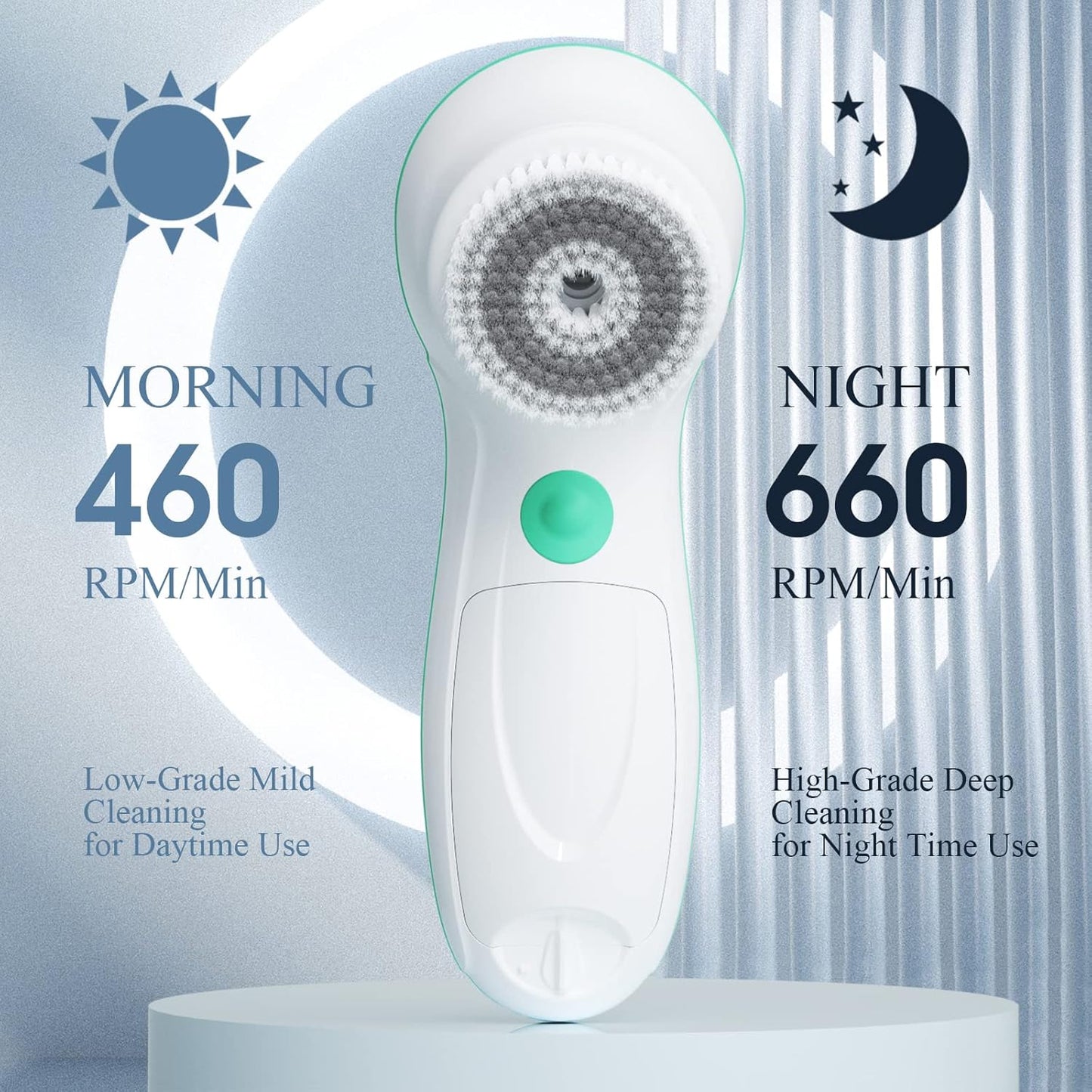 TOUCHBeauty Facial Cleansing Brush Electric, Face Cleansing Brush with Stand, 3 Brush Heads, 2 Speeds, IPX5 Waterproof, Battery-Powered, Suitable for All Skin Types, AG-0759D, White