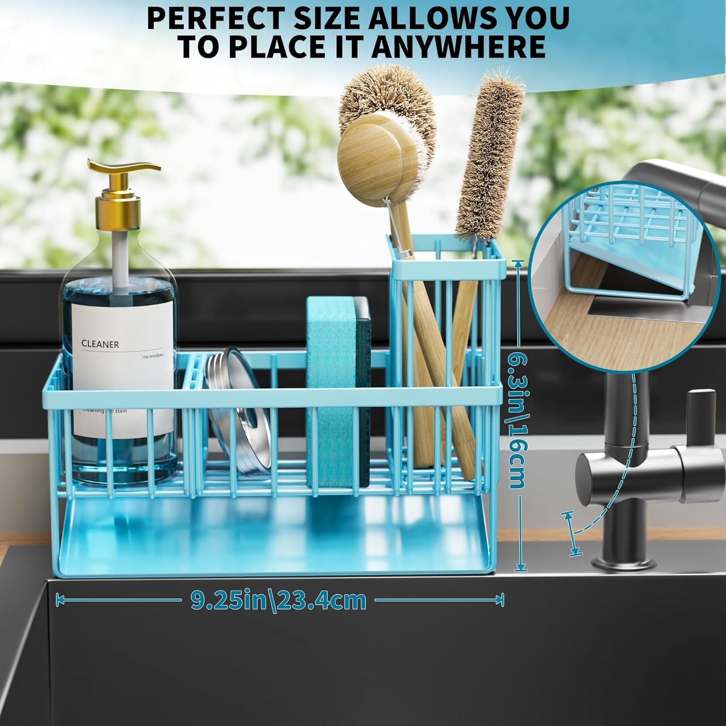 Cisily Kitchen Sink Caddy Organzier with High Brush Holder, Sponge Holder for Sink, 304 Rustproof Stainless, Kitchen Countertop Soap Dispenser Organizer, Kitchen Decor and Accessories (Black)