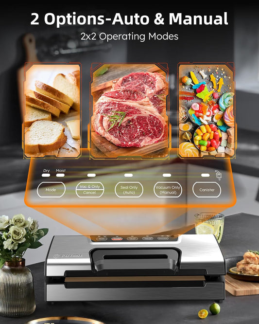 Vacuum Sealer Machine, Potane Commercial Pro Vacuum Food Sealer with Easy-Lock Handle, Built-in Cutter and Bag Storage, Dry&Moist Food Modes, Auto&Manual Sealing Options, 2 Bags Rolls, Stainless Steel