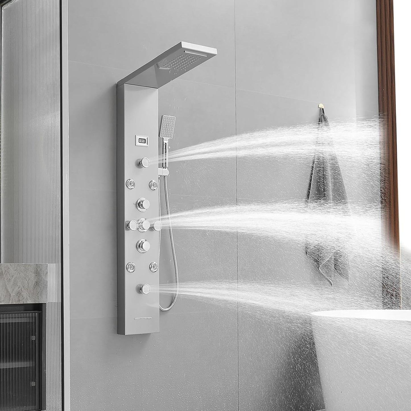 Bathfinesse Shower Tower Bathroom Shower Panel System Rain Massage System 6 in 1 Body Spray Jets Shower Wall Panels Rainfall Waterfall Shower Head Tub Spout with Temperature Display,Matte Black