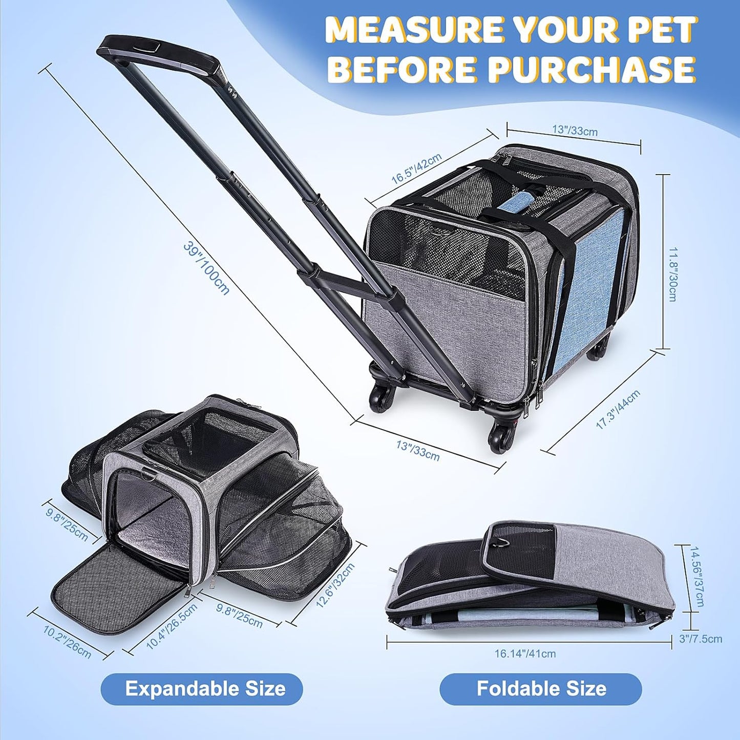 Pet Carrier Airline Approved on Wheels - Two Sided Expandable Cat Soft Carrier for Puppy and Cats Under 26lbs, Rolling Cat Carrier for Airplane, Camping, Outdoor(Pink)