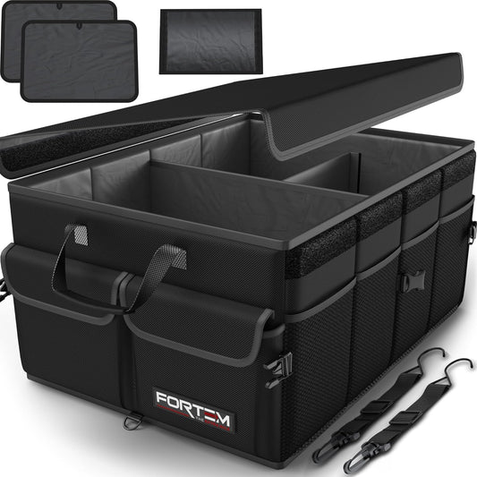FORTEM Car Trunk Organizer, Collapsible Multi Compartment Car Organizer, Foldable SUV Storage for Car Accessories for Women Men, Non Slip Bottom, Securing Straps, Soft Cover 50L (Black, Standard)