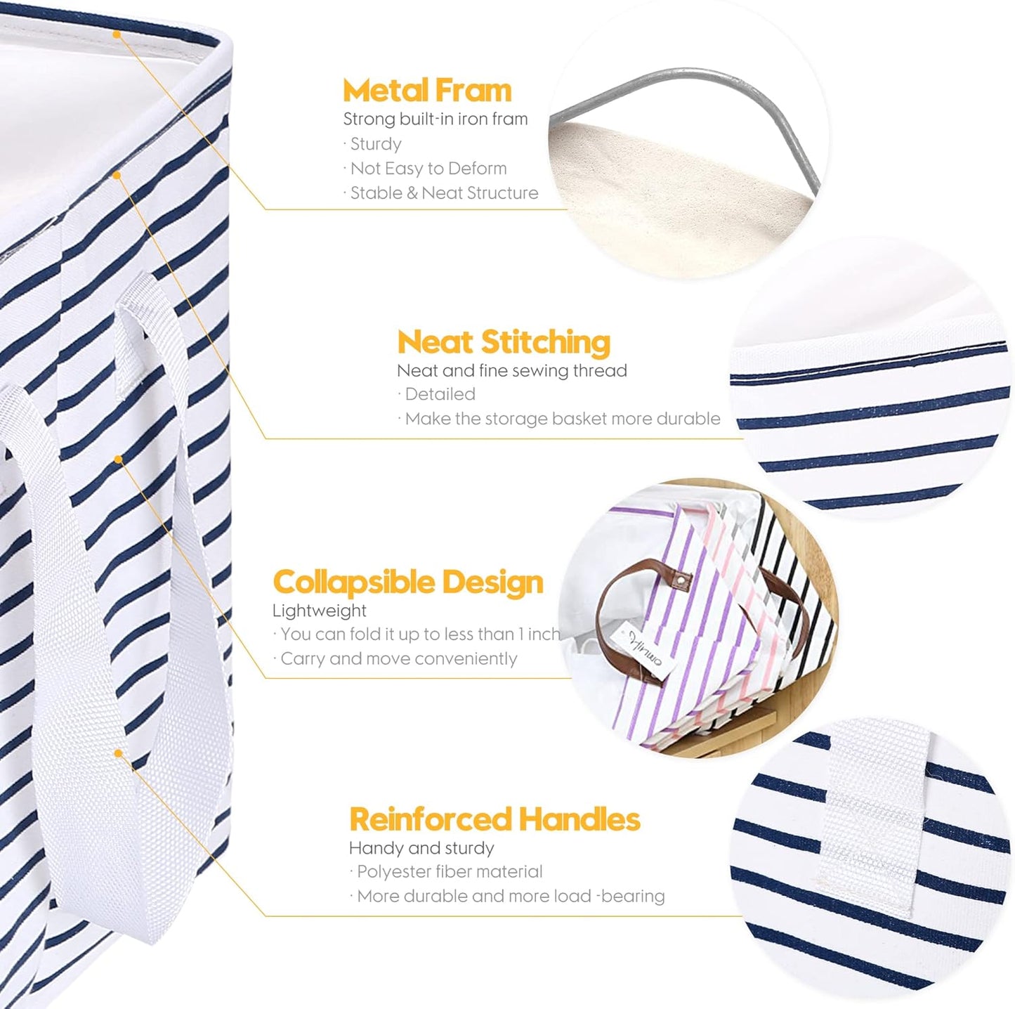 Hinwo 6-Pack Small Canvas Fabric Storage Baskets Set with Handles, Open Storage Bins, Cube Storage Organizer, Shelf Organizer Bins for Closet, 7.9L, 12 x 8 x 5 Inches, Grey Stripe