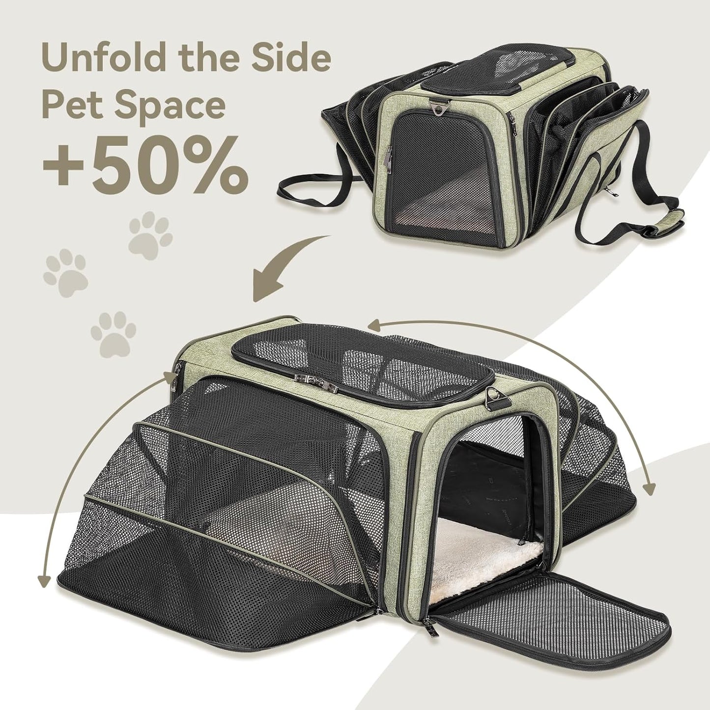 Petsfit Expandable Cat Dog Carrier Airline Approved, 17" L x 11" W x 11" H Soft-Sided Portable Pet Travel Carrier for Kitten, Puppy, Removable Soft Plush Mat and Pockets, Auto-Locking Zippers