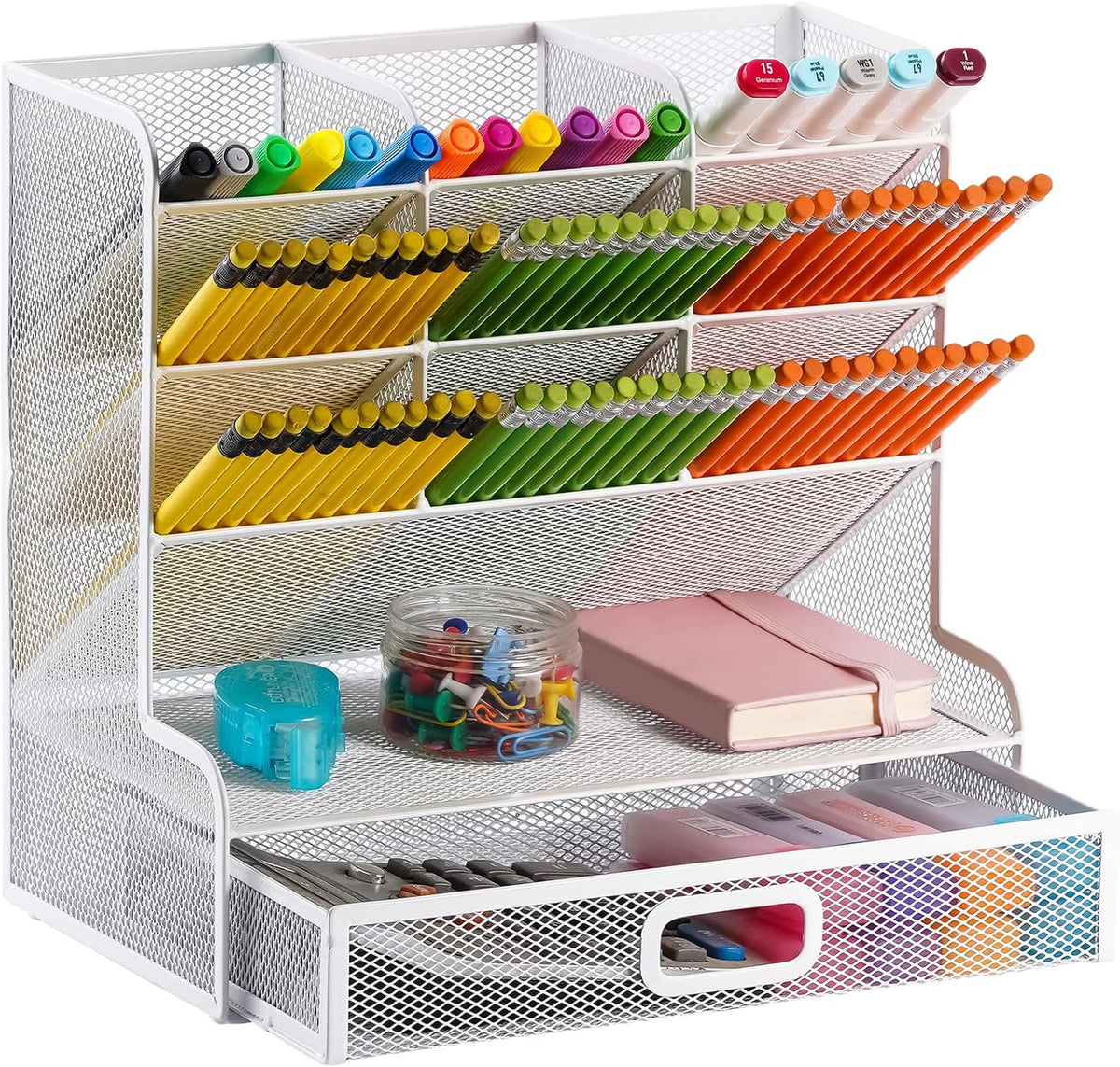 Marbrasse Mesh Desk Organizer, Multi-Functional Pen Holder, Pen Organizer for desk, Desktop Stationary Organizer, Storage Rack for School Home Office Art Supplies (White Mesh Pen Holder with Drawer)
