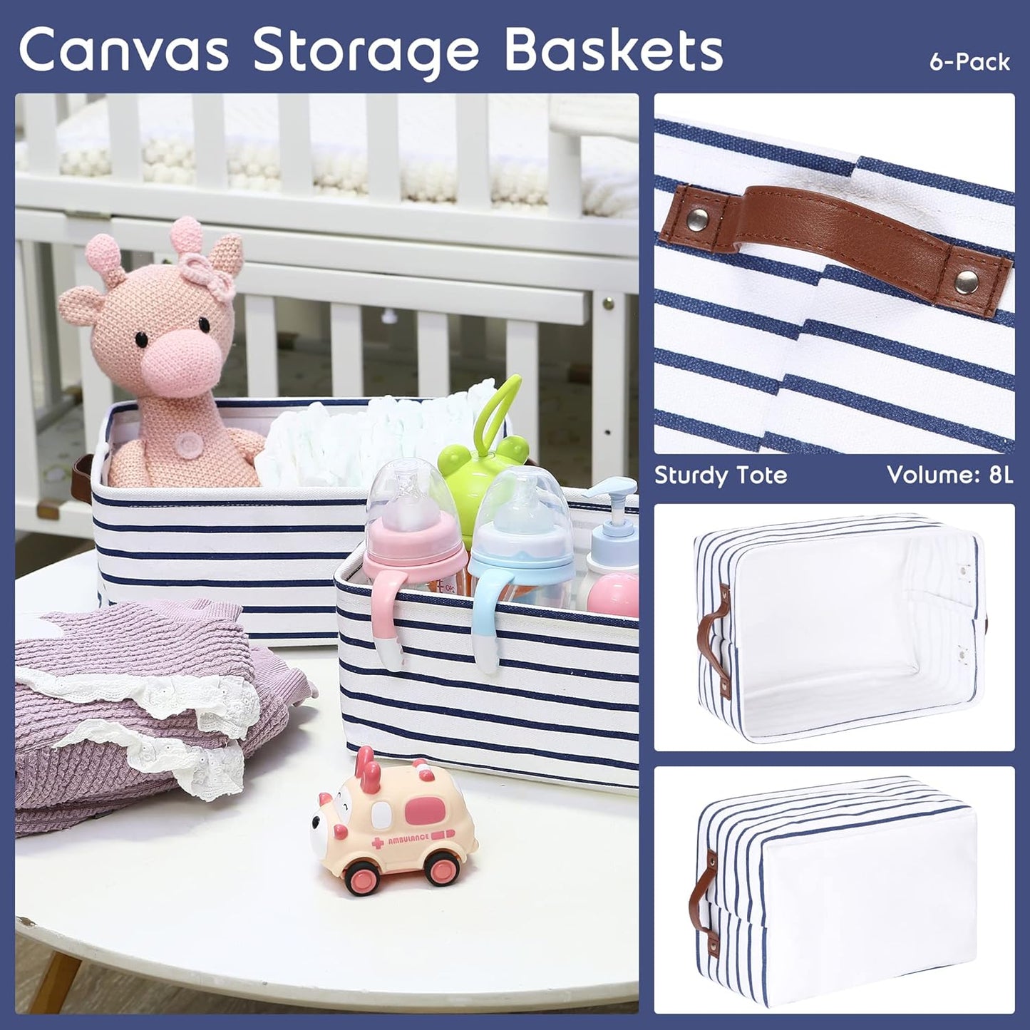 Hinwo 6-Pack Small Canvas Fabric Storage Baskets Set with Handles, Open Storage Bins, Cube Storage Organizer, Shelf Organizer Bins for Closet, 7.9L, 12 x 8 x 5 Inches, Grey Stripe