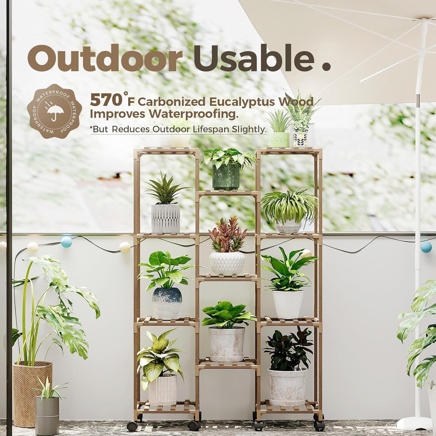 Bamworld Plant Stand Indoor Outdoor Hanging Plant Shelf for Multiple Plants Pots Wood Flower Stand Tall Large Flower Holder for Living Room, Patio, Balcony, Garden Decor, Brown