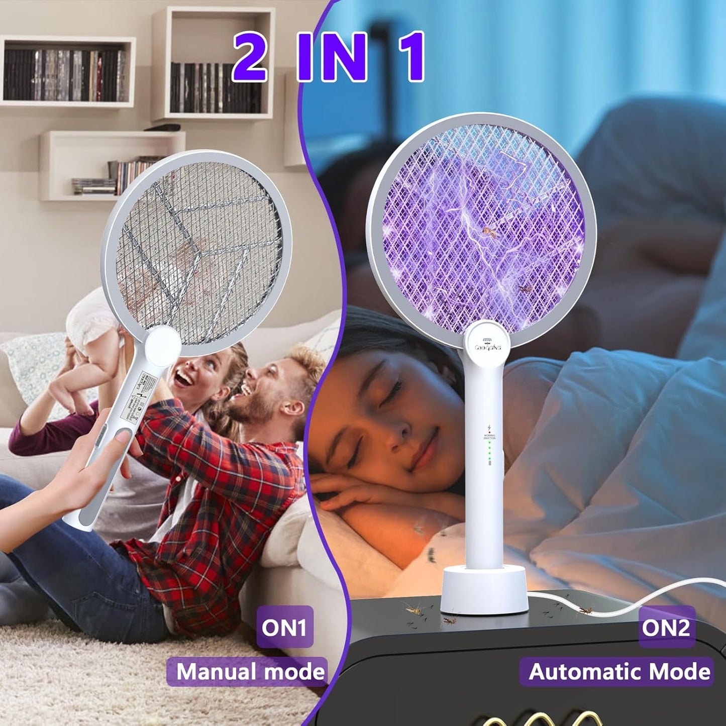 Gooqand Bug Zapper Racket, 2 in 1 Electric Fly Swatte with 3 Layer Safety Mesh, 4000V Fly Zapper with USB Rechargeable, Indoor Outdoor Fly Racket for Bedroom, Kitchen, Camping