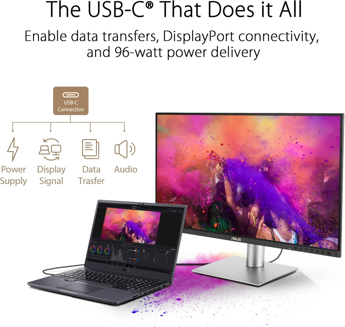 ASUS ProArt Display 27" Monitor PA278CV - WQHD (2560 x 1440), IPS, 100% sRGB, 100% Rec. 709, ΔE < 2, Calman Verified, USB Hub, USB-C, DisplayPort Daisy-Chaining, HDMI, Eye Care, Height Adjustable , BLACK/SLIVER