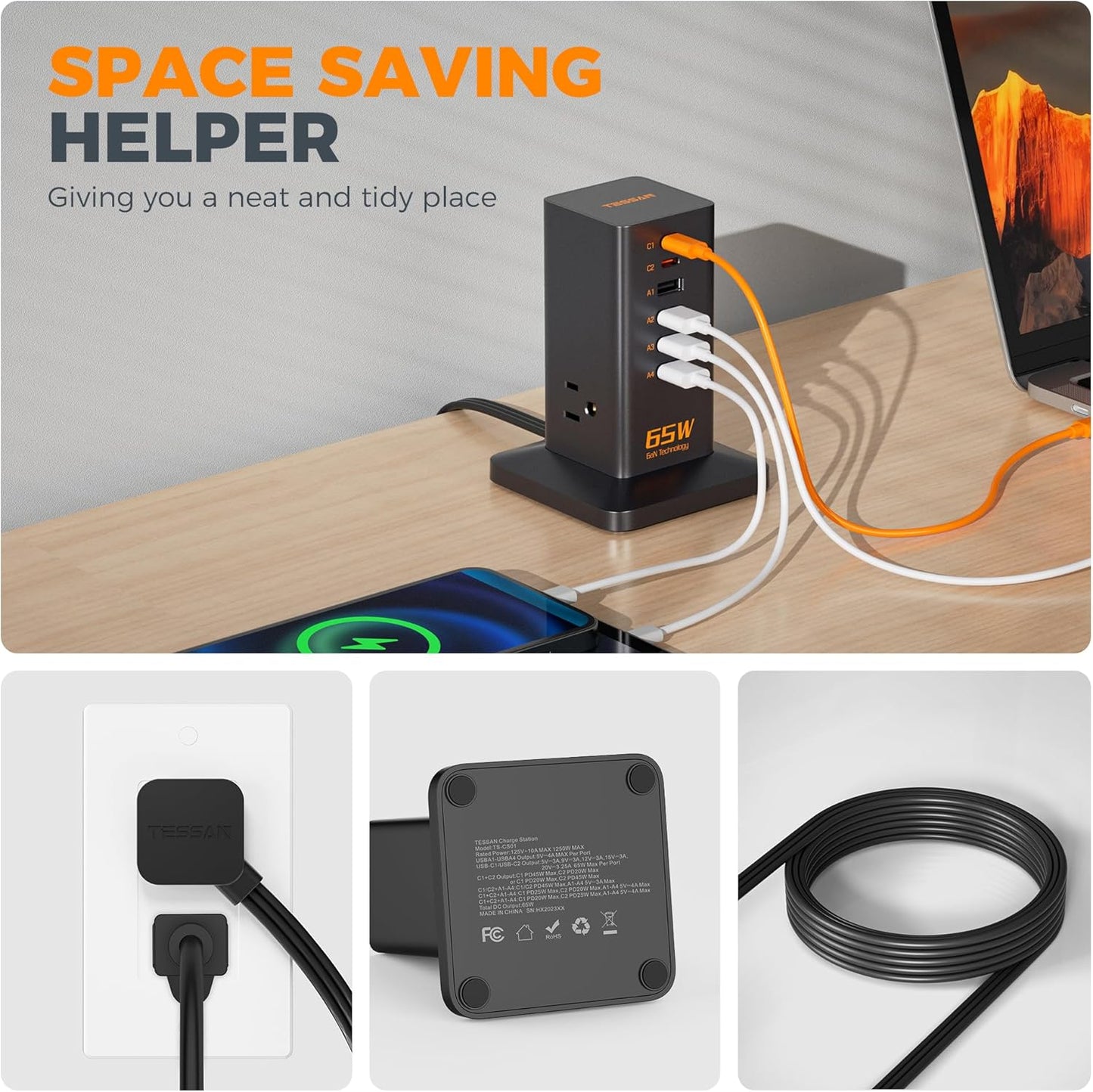 Charging Station, TESSAN 65W Max GaN USB C Charger Block, 6-Ports and 3 AC Outlets Power Tower, Fast Charging for Multiple Devices, Compatible with iPhone, Samsung and More