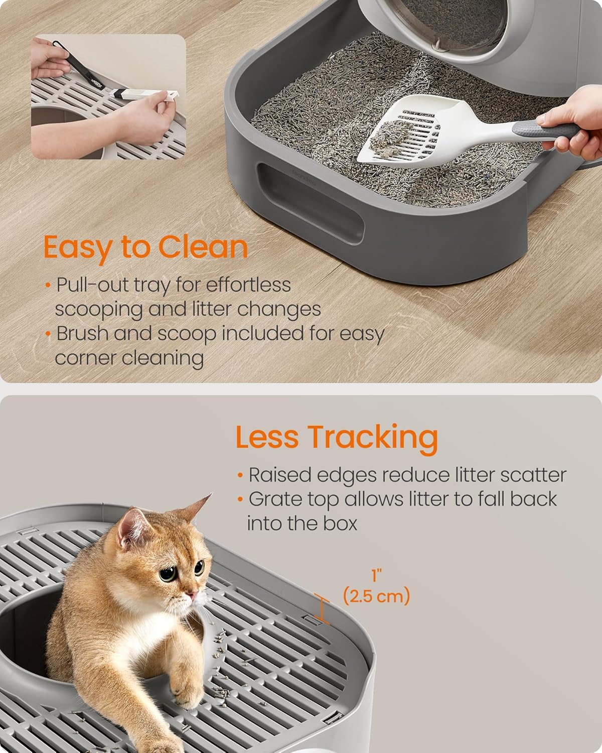Feandrea Cat Litter Box with Lid, XL Enclosed Litter Box with Slide-Out Tray, Scoop, Brush, for Large Cat, Anti-Tracking, Anti-Leaking, Dove Gray and Slat Gray UPPT002B01