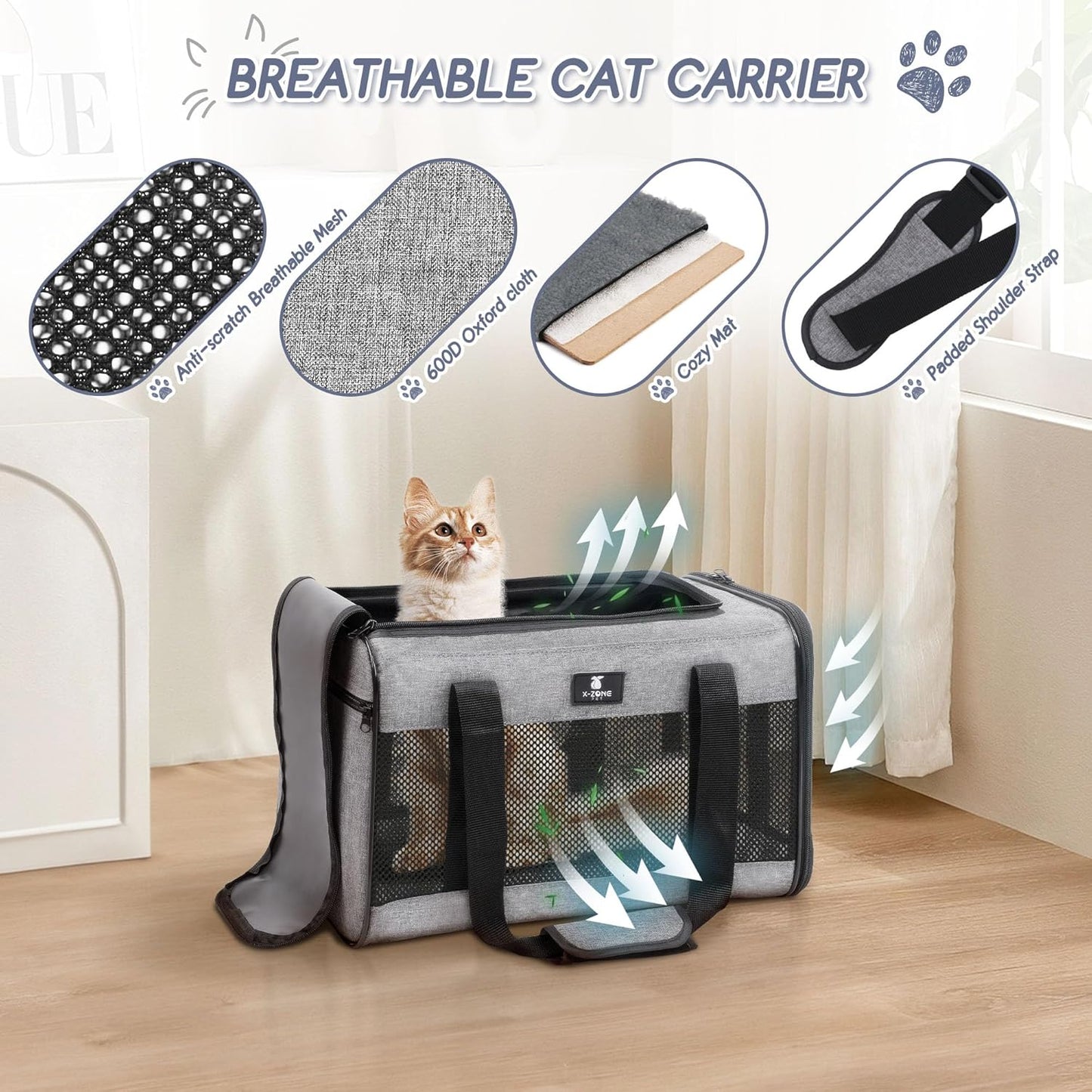 X-ZONE PET Cat Carrier Dog Carrier Pet Carrier for Small Medium Cats Dogs Puppies of 15 Lbs,Airline Approved Soft Sided Pet Travel Carrier,Dog Carriers for Small Dogs - Black Grey Purple Blue Brown
