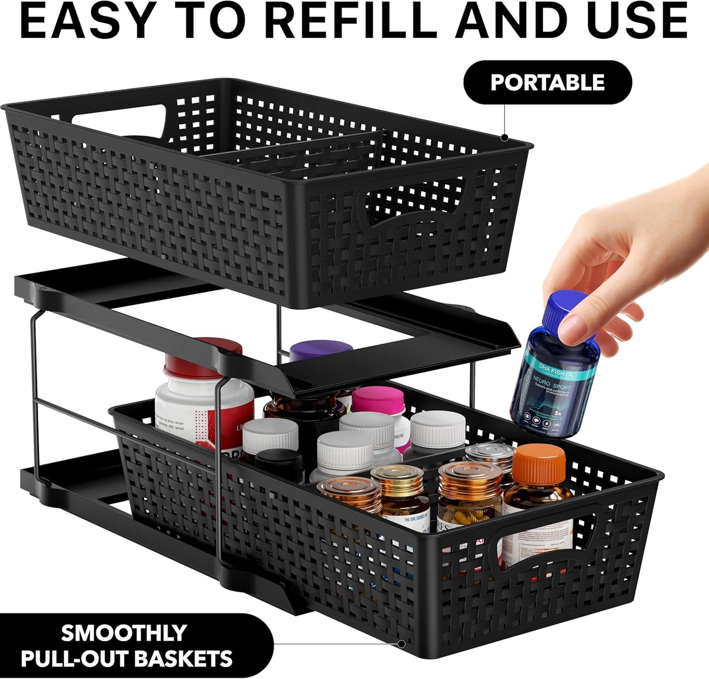 2 Tier Pull-Out Bathroom Organizer with Sliding Drawers, Under Sink Storage Rack, Black - PuriLite