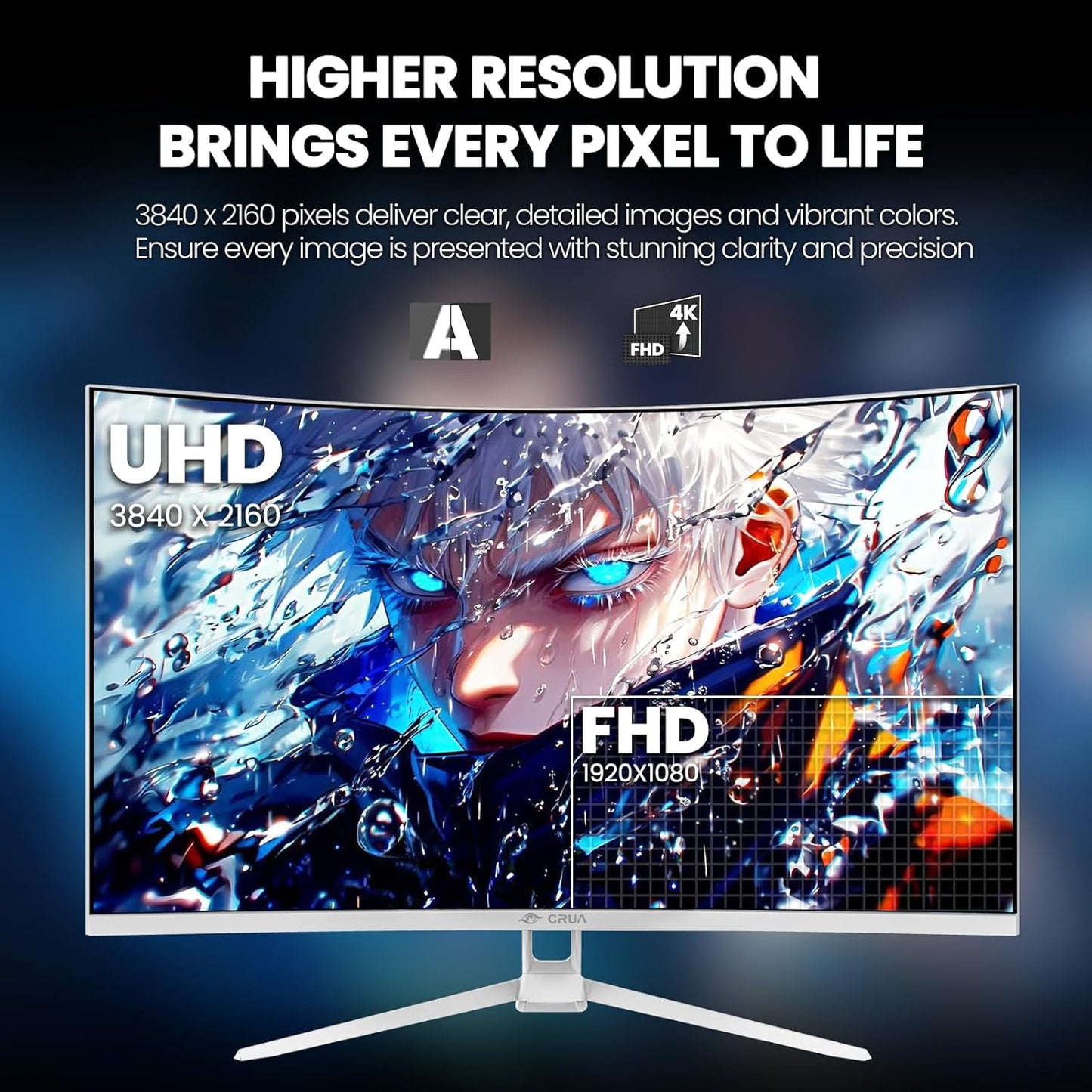 CRUA 32'' Curved Gaming Monitor, 160Hz/144Hz 4K UHD(3840 * 2160P) White Computer Monitor, 1500R VA Screen, Supports Freesync, 120% sRGB, Built-in Speakers, RGB Lighting, Wall Mountable,HDMI 2.1&DP 1.4