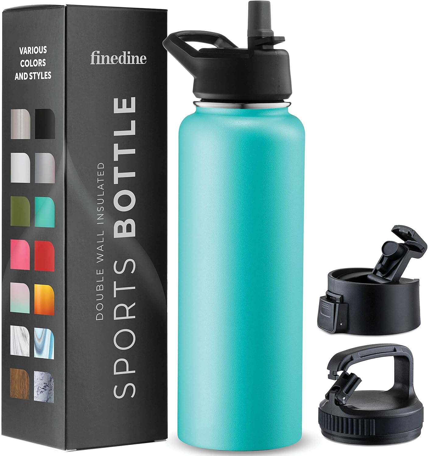 FineDine Water Bottle - Stainless Steel Insulated Water Bottle with Straw Lid, Flip Lid & Wide-Mouth Cap - Keeps Hot and Cold - 25 Oz / 739ml - Pure Pearly White