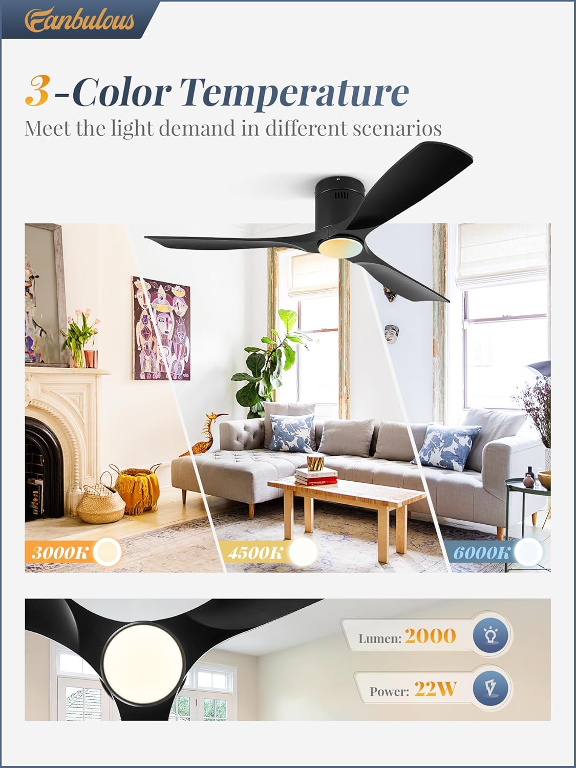 Fanbulous 52" Ceiling Fans with Lights and Remote Control,Modern Flush Mount Ceiling Fan with 3 LED Colors,Outdoor Low Profile Ceiling Fans with 6-Speeds Timer DC Motor for Bedroom Living Room Patio