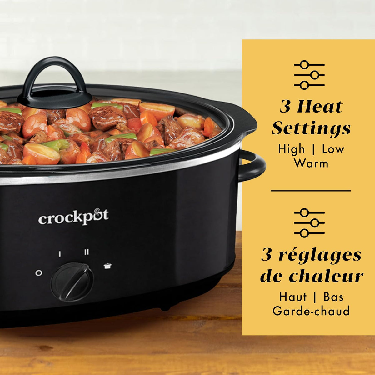 7-Quart Manual Slow Cooker | Black Oval Cooker with 3 Heat Settings