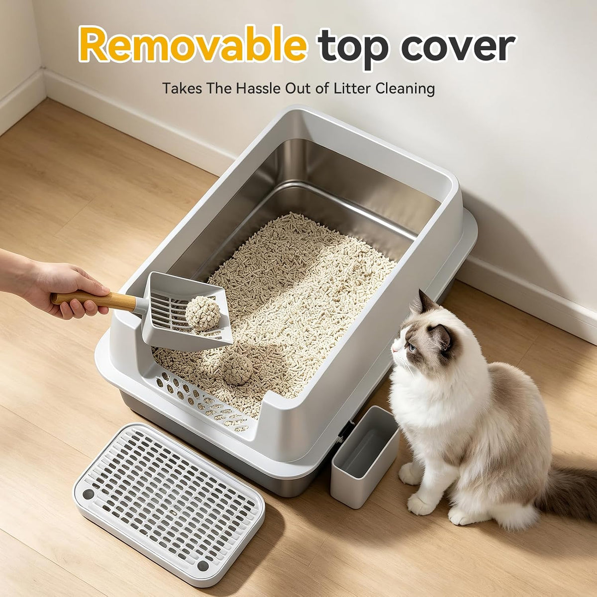 Extra Large Stainless Steel Litter Box with Lid, High Sided Enclosed Metal Cat Litter Pan, Dog Proof Front Entry Top Exit, Odor Control Easy Clean Leak Proof, Includes Scoop & Step, Light Gray
