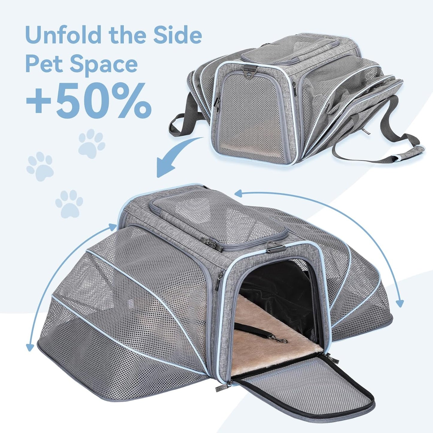Petsfit Expandable Cat Dog Carrier Airline Approved, 17" L x 11" W x 11" H Soft-Sided Portable Pet Travel Carrier for Kitten, Puppy, Removable Soft Plush Mat and Pockets, Auto-Locking Zippers