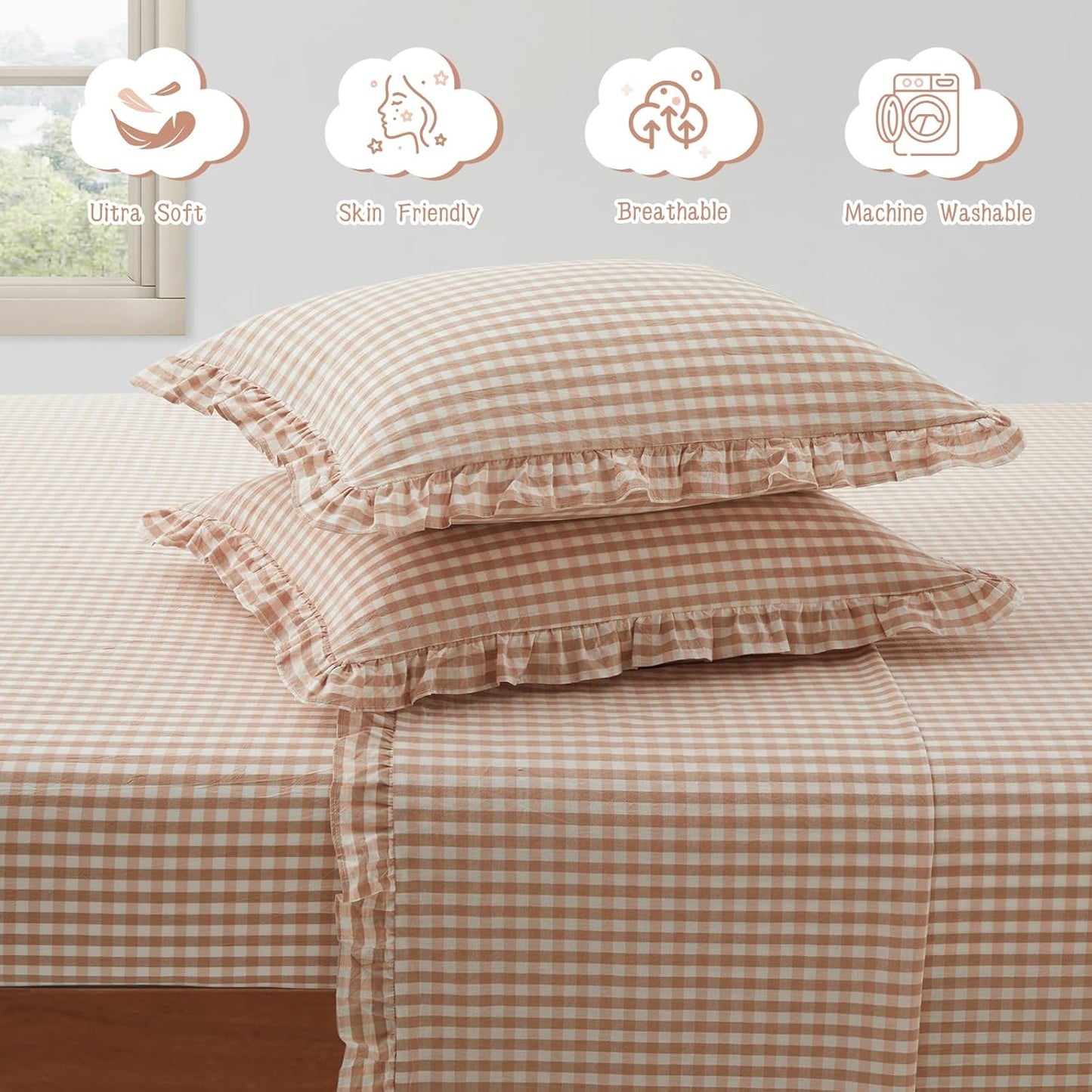 KKJIAF 3 Pieces Plaid Ruffle Twin Bed Sheets, Gingham Twin Sheet Set Comfy Breathable Ruffed Bed Sheet Set with 16 Inch Deep Pocket, Dusty Blue
