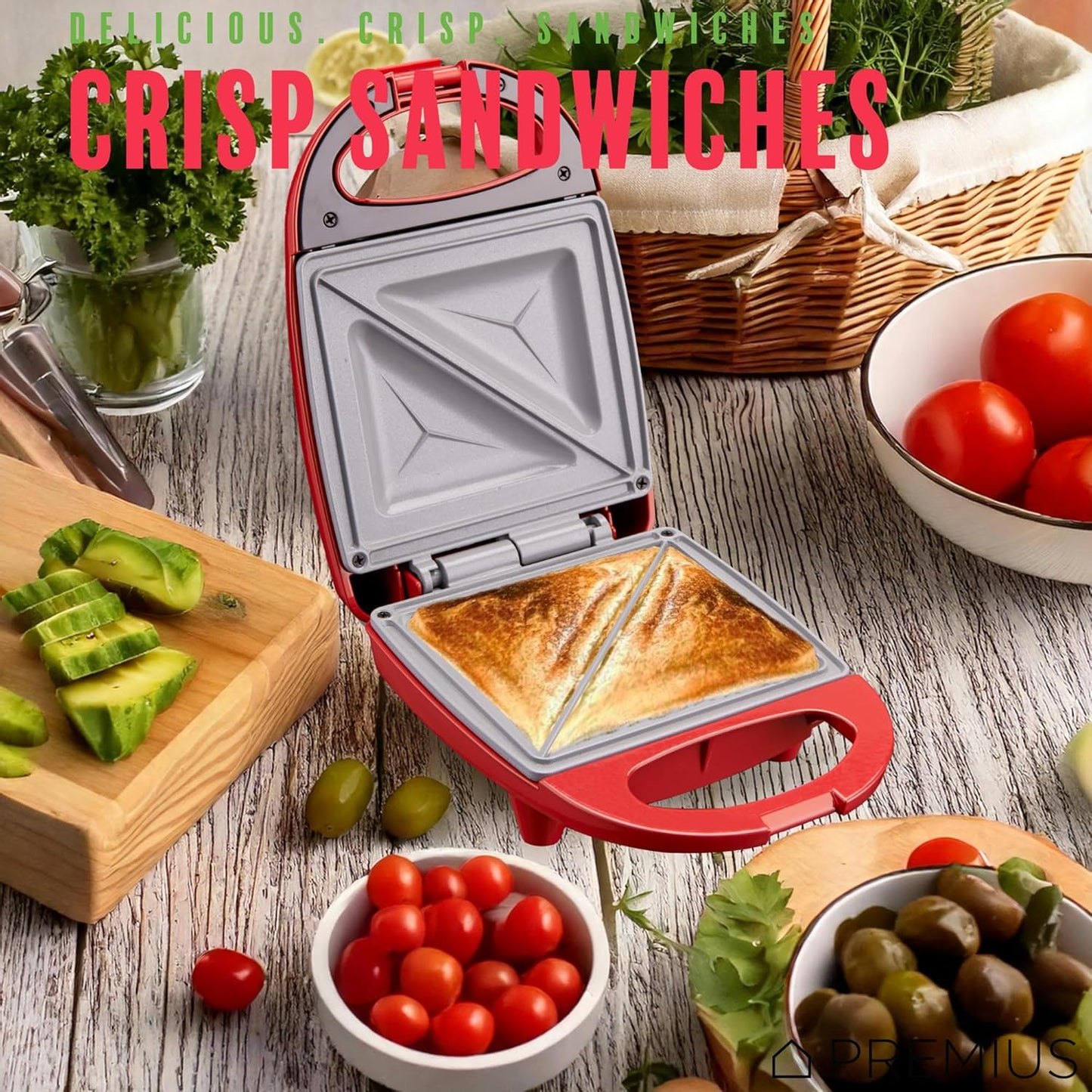 PREMIUS Ceramic NonStick Mini Snack Sandwich Maker, Indicator Light, 5x4.4 Inch Mold, Great for French Toast, Tuna Melt, Egg & Grilled Cheese, Pancake Sandwich, Desserts, Toasties, 520 W (Red)