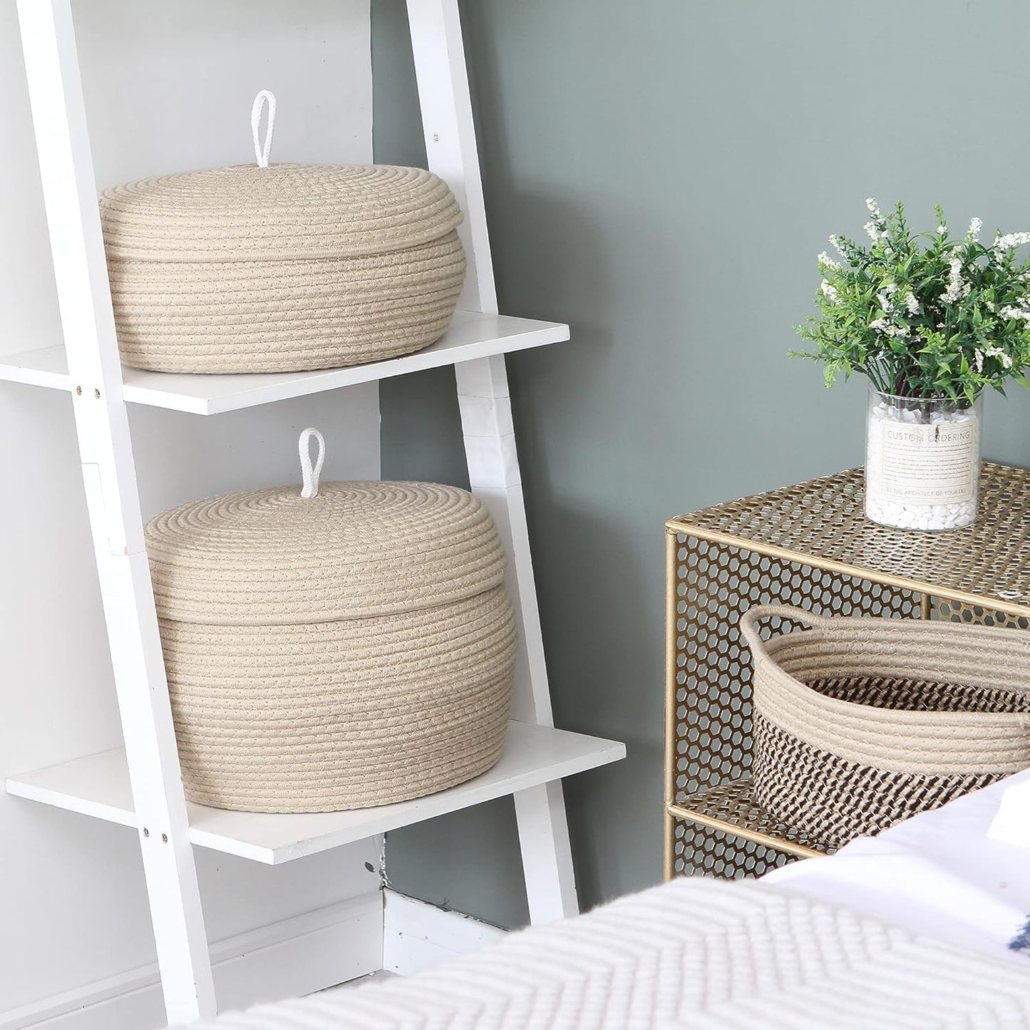 Sea Team Round Cotton Rope Storage Basket with Lid, Decorative Woven Storage Bin, Pot, Caddy, Organizer, Container for Snacks, Towels, Plants (Grey, Small)