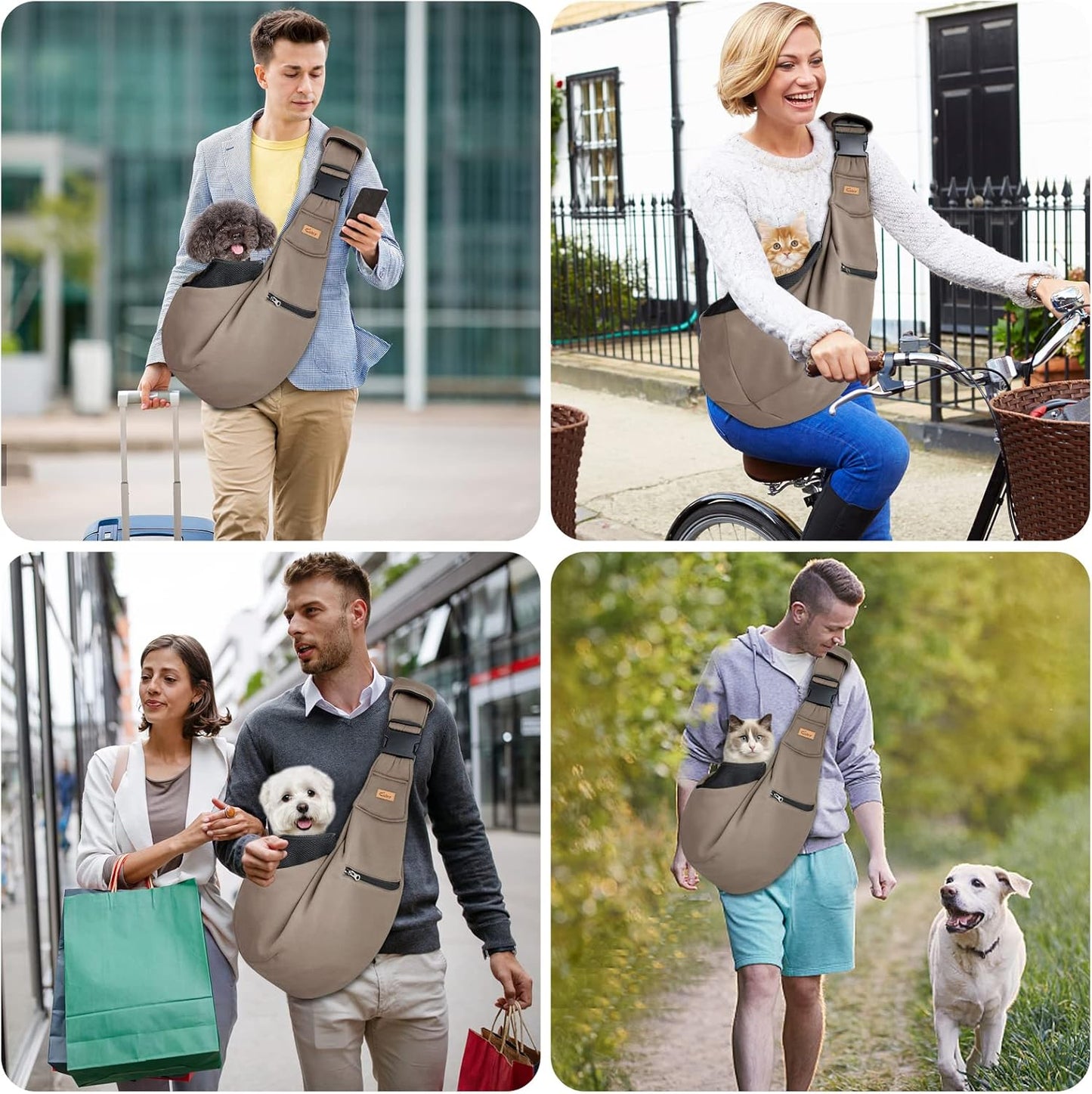 Cuby Adjustable Dog Cat Sling Padded Hard Bottom Pet Carrier Sling Soft Carrying Puppy Bag for Small Dogs Cats Outdoor Travel (Grayish-White)