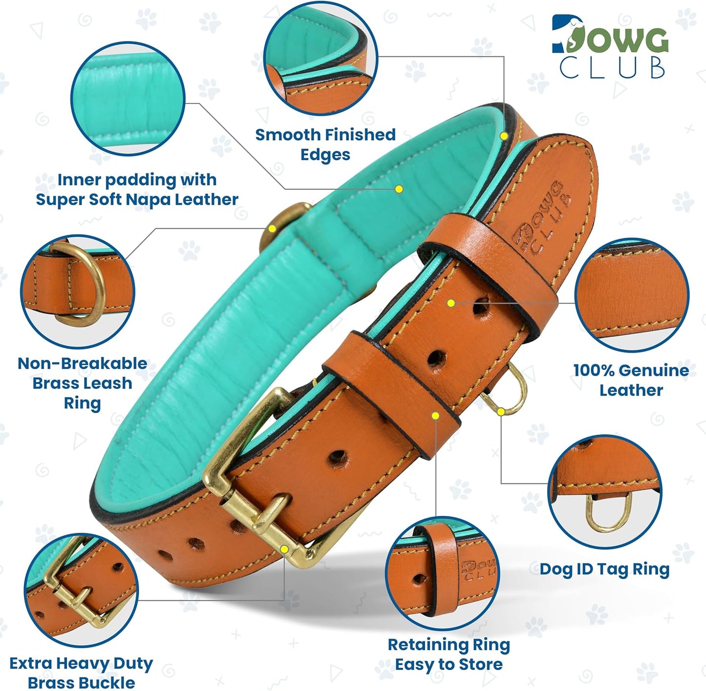 DowgClub | Genuine Leather Dog Collar | Full Grain, Heavy Duty | Comfortable, Strong | Best for Pups, Small, Medium & Large Breeds | Pink, Brown, Black, Tan