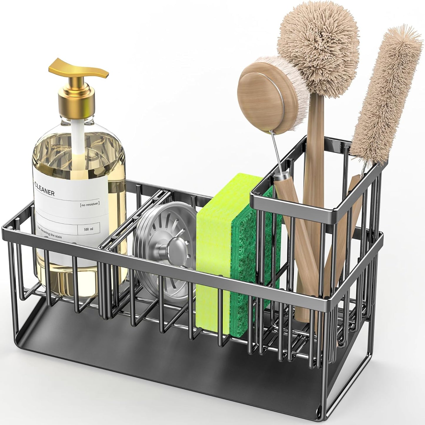 Cisily Kitchen Sink Caddy Organzier with High Brush Holder, Sponge Holder for Sink, 304 Rustproof Stainless, Kitchen Countertop Soap Dispenser Organizer, Kitchen Decor and Accessories (Black)