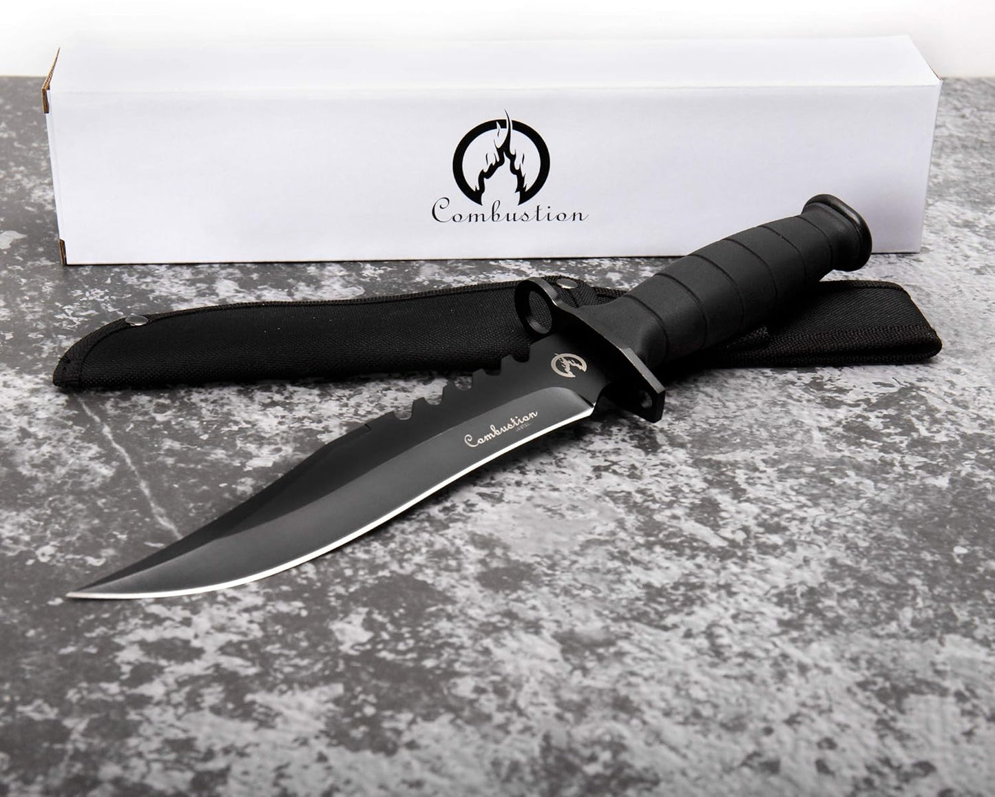 Fixed Blade Camping Knife, Hunting Knife with Nylon Sheath in Non-Slip Handle and High Carbon Stainless Steel Black Blade, Tactical Tools for Outdoor Hiking, Fishing, Carving, Diving, Bowie Combat Knife Everyday Carry