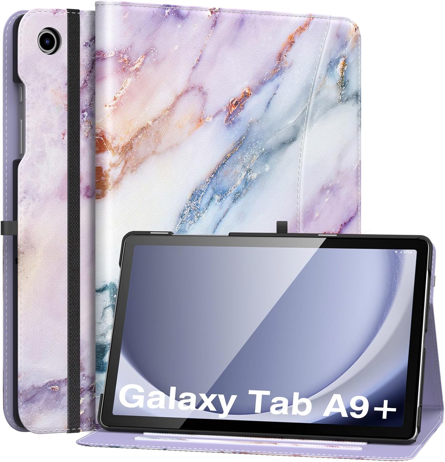 MoKo Case for Samsung Galaxy Tab A9 Plus 11" 2023 (SM-X210/SM-X216/SM-X218), PU Leather Multi-Angle Viewing Folding Stand Cover Case with Hand Strap, Front Pocket, Auto Wake/Sleep, Denim Blue & Brown