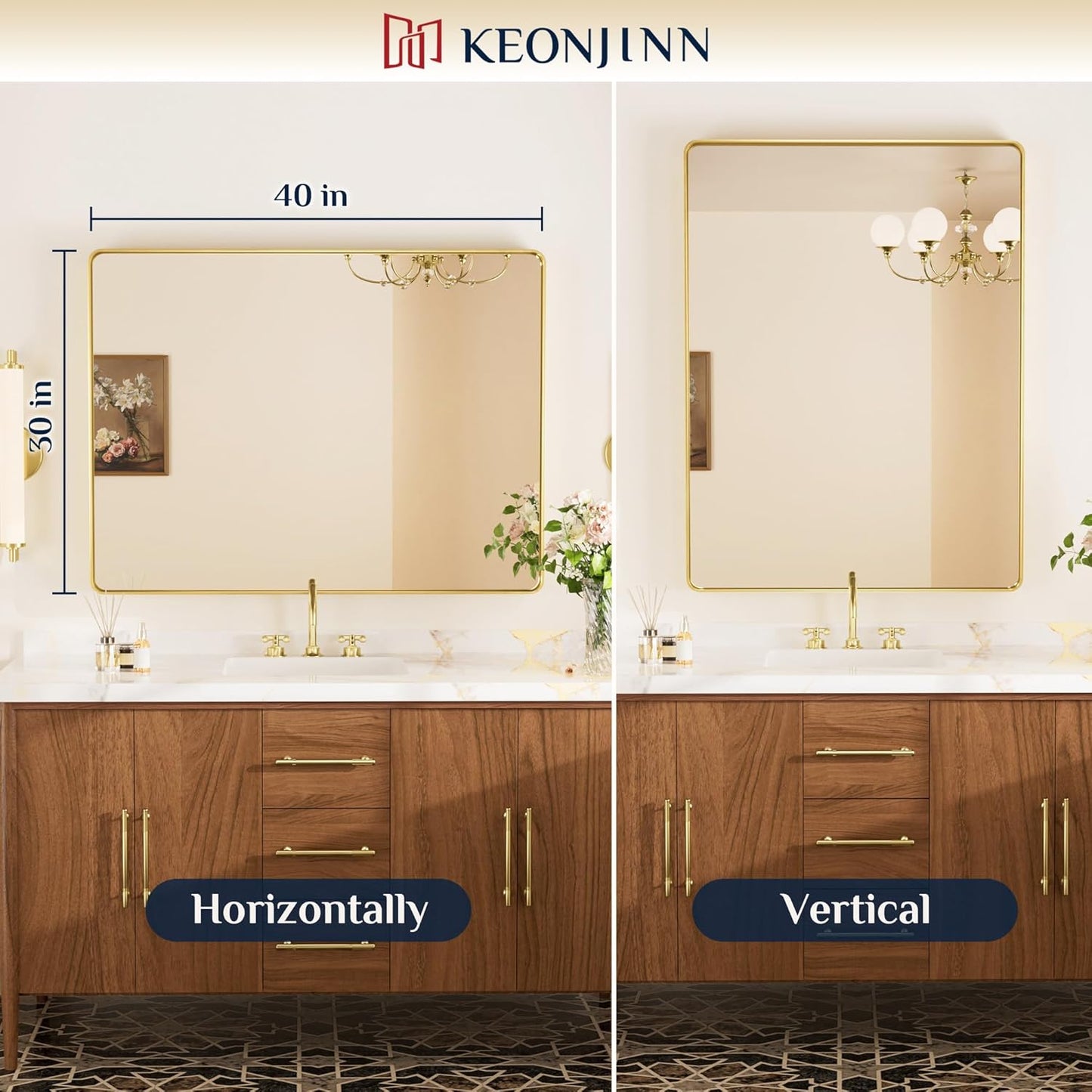 Keonjinn 42 x 36 Brushed Nickel Bathroom Vanity Mirror, Large Rounded Rectangle Bathroom Mirrors for over Sink, Metal Framed Silver Mirror for Wall, Shatterproof HD Tempered Glass(Horizontal/Vertical)