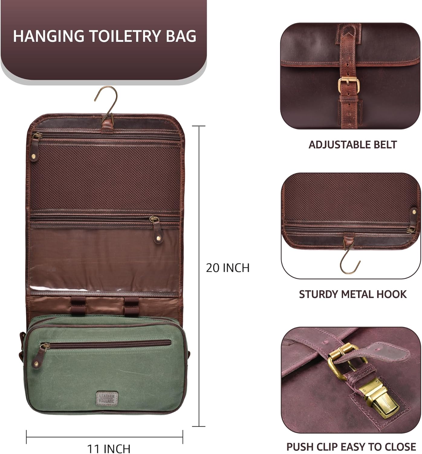 LEATHER VILLAGE Hanging Toiletry Bag for Men & Women, Handcrafted Vintage Cosmetic & Shaving Organizer Travel Dopp Kit- Brown