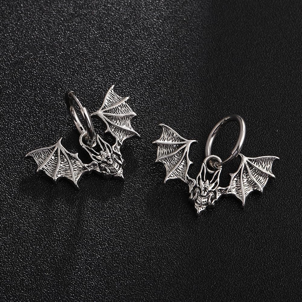 YWMAN Gothic Bat Necklace and Earrings Set, Stainless Steel, Silver, Viking Style, Protection Amulet, Medium, Unisex Halloween Vampire Jewelry