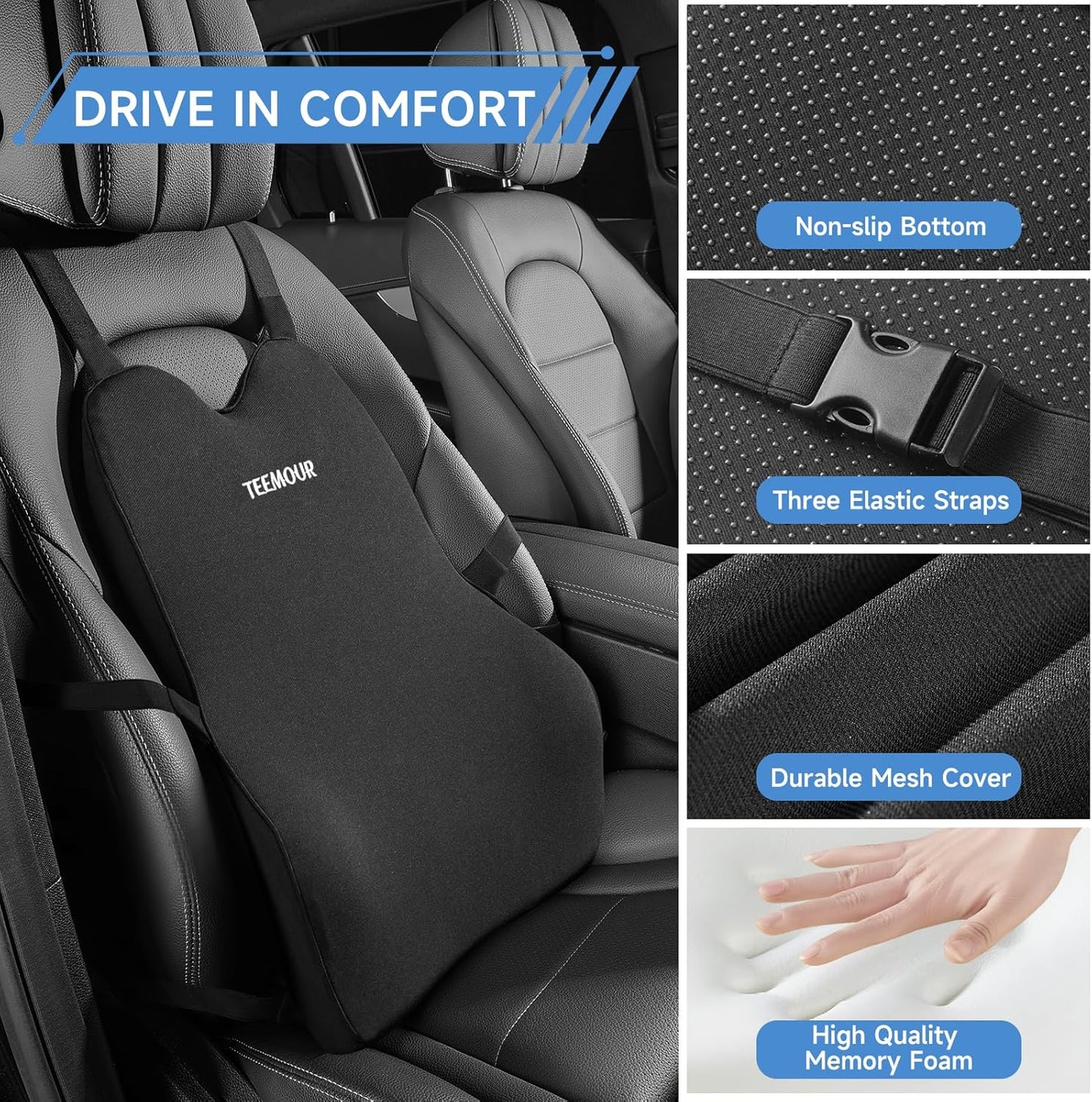 Lumbar Support Pillow for Office Chair Car Sitting Posture Back Support Memory Foam Back Cushion for Driving, Lumbar Comfort for Long Sitting, Truck with Three Adjustable Straps
