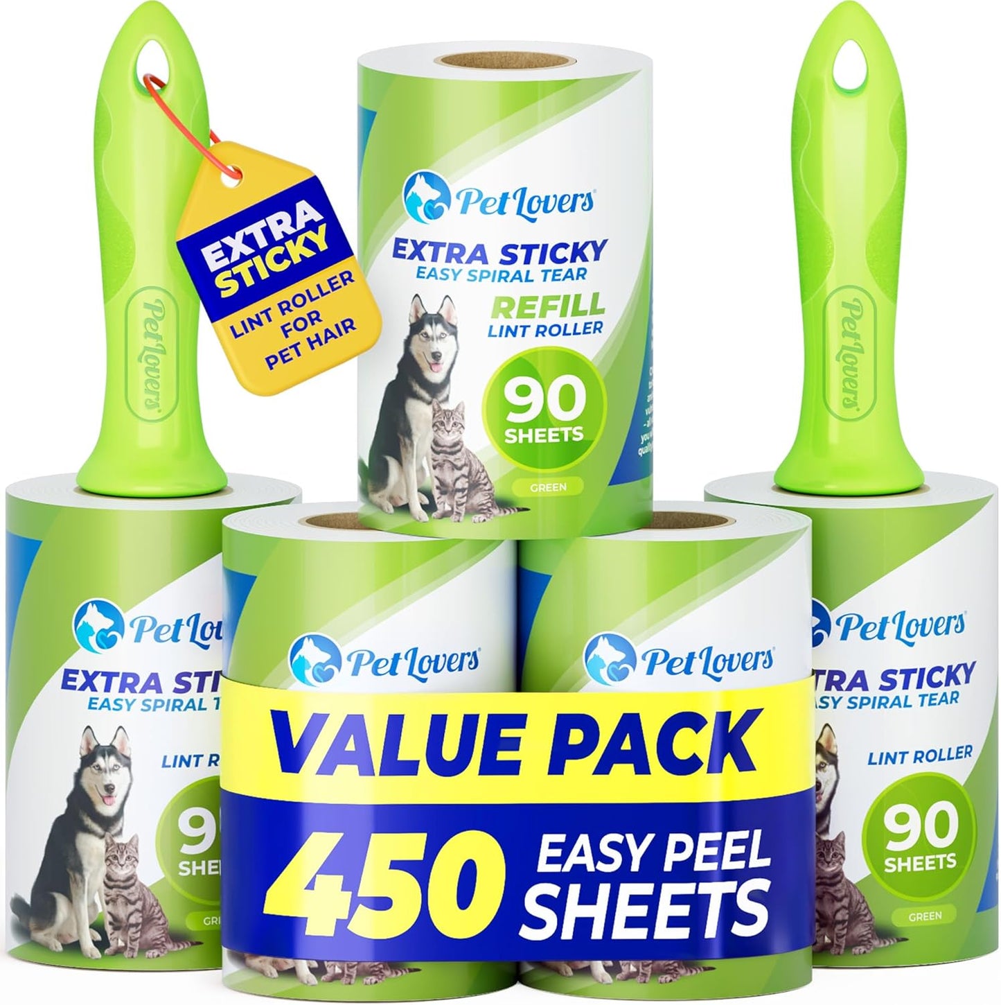 PetLovers Extra Sticky Lint Roller Mega Value Set for Pet Hair Removal, Dog and Cat Lint Remover (1 Pack Reusable)