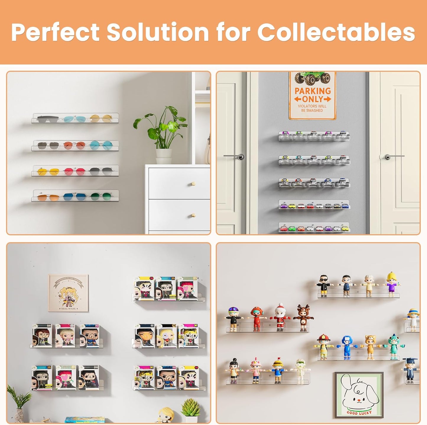 upsimples Clear Acrylic Shelves for Storage, 15" Floating Shelves Wall Mounted for Kids Bookshelf/Display Ledge for Bedroom, Living Room, Bathroom, Kitchen, Set of 4