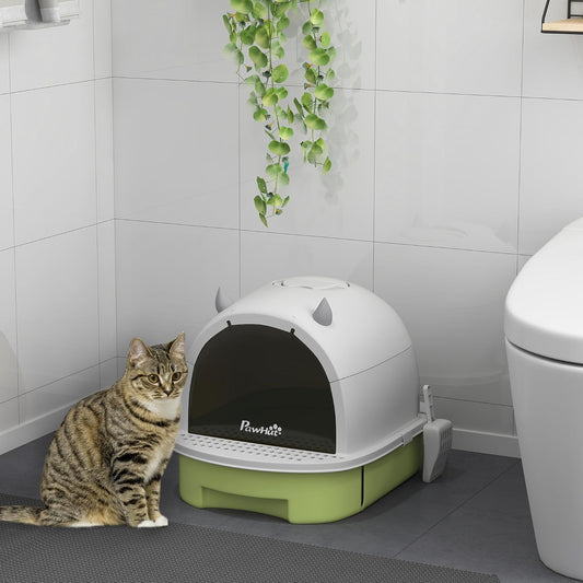 PawHut Cat Litter Box with Lid, Drawer Style Enclosed Kitty Litter Box with Front Door Flap, Scoop, Handle, Easy Clean, Cat Litter Tray for Small and Medium Cats, Green - PuriLite