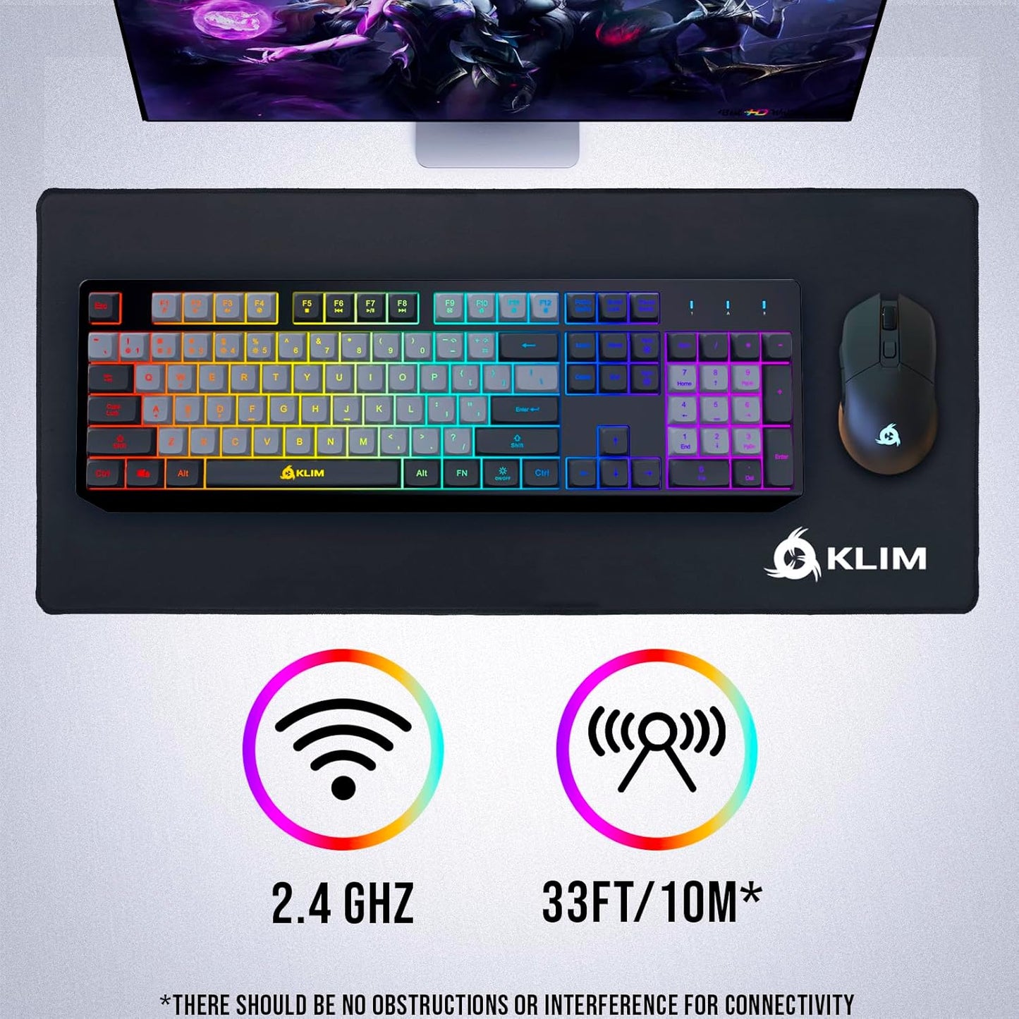 KLIM Chroma Wireless Gaming Keyboard RGB New - Long-Lasting Rechargeable Battery - Quick and Quiet Typing - Water Resistant Backlit Wireless Keyboard for PC PS5 PS4 Mac - Black