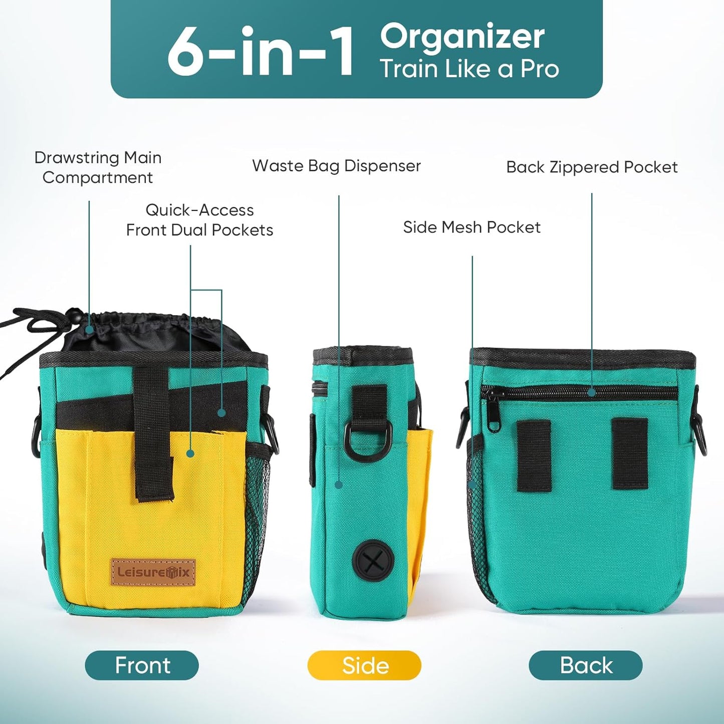 Dog Treat Pouch with Collapsible Bowl & Zippered Pockets Hands-Free Training Treat Pouch Bag for Dogs Waterproof Pet Waist Bag, Adjustable Strap Training, Hiking, Outdoor Use (Black)