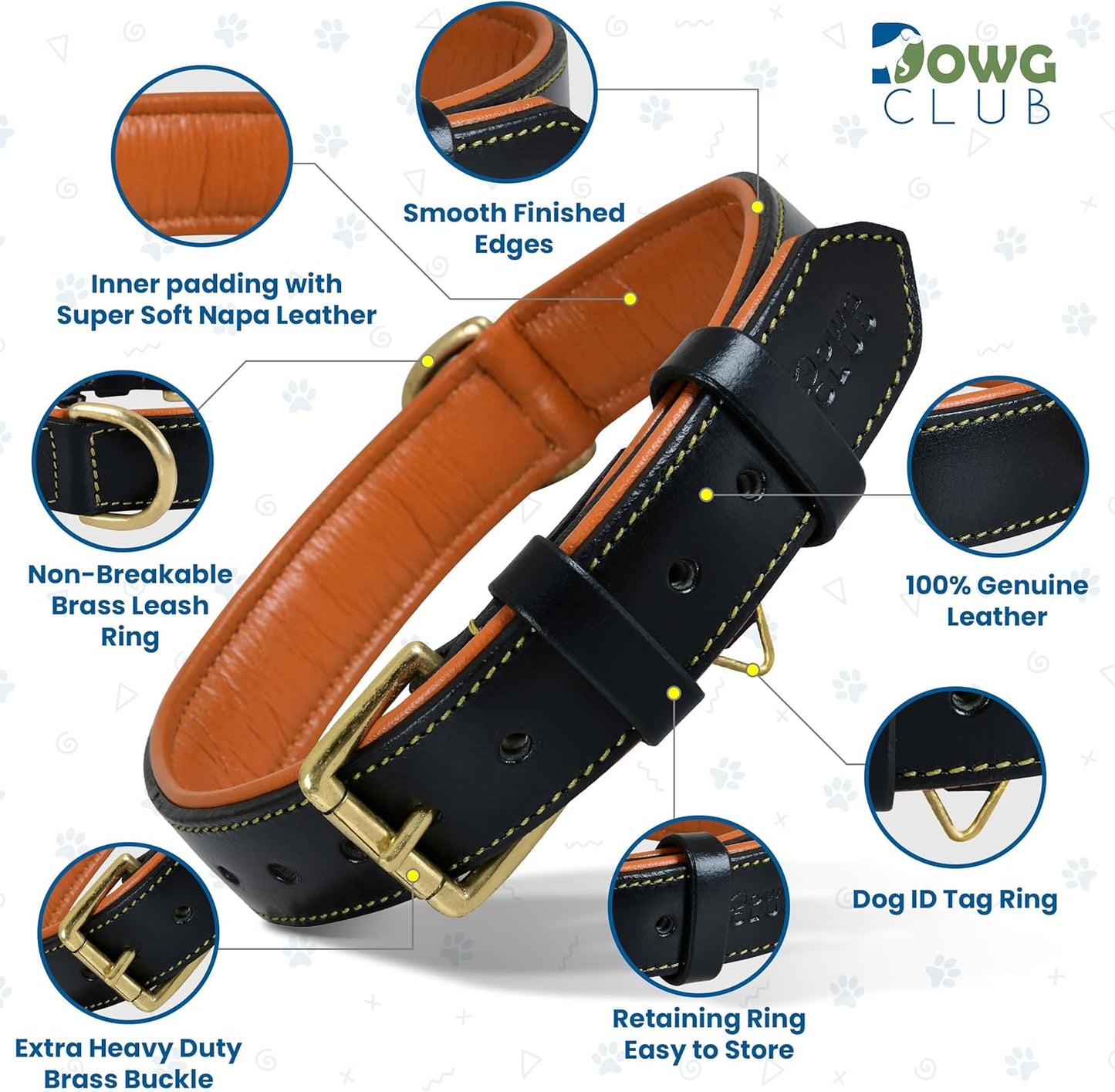 DowgClub | Genuine Leather Dog Collar | Full Grain, Heavy Duty | Comfortable, Strong | Best for Pups, Small, Medium & Large Breeds | Pink, Brown, Black, Tan