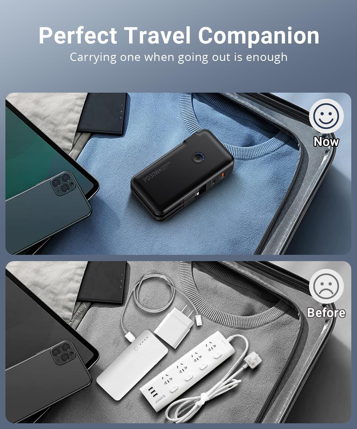 Portable Charger, Power Bank, 16000mAh Power Bank Built-in AC Wall Plug and Cables, PD 30W and QC4.0 Fast Charger for iPhone and Android Phones and Most Electronic Devices (Black)
