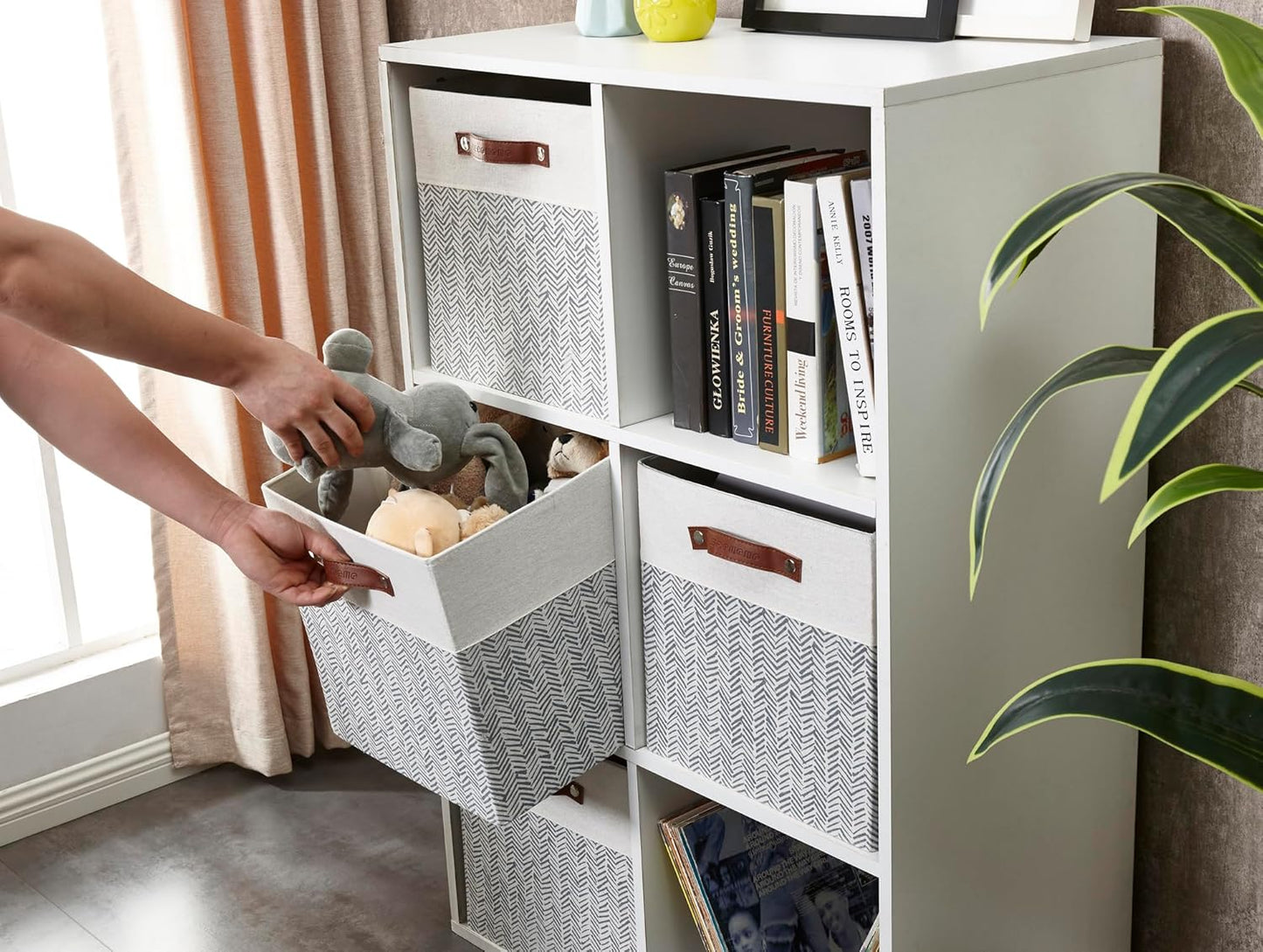 DECOMOMO Fabric Cube Storage Bin - Storage Baskets for Shelves, Kallax (Grey & White, 13 inch Cube) - 4 Pack