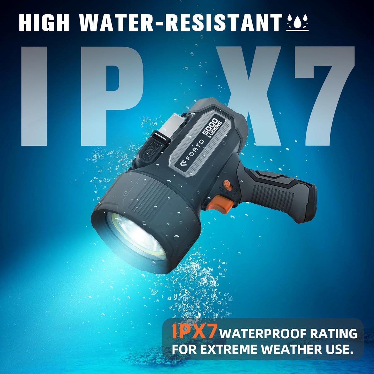 FORTO Rechargeable Spotlight 5000LM, IPX7 Waterproof Flashlight with 5200mAh Long-Lasting Battery, 7 Modes Handheld Light with EVA Case, for Boat, Hunting, Emergency, Outdoor Use