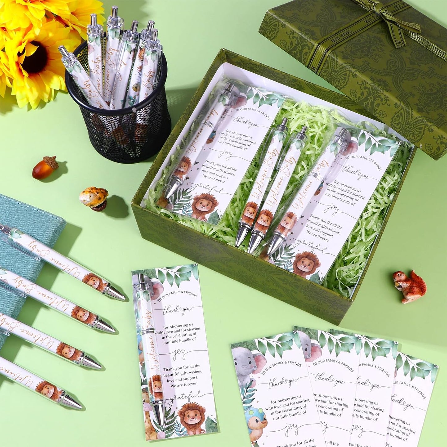 50 Set Baby Shower Favors Gifts for Guests Includes 50 Safari Animal Ballpoint Pens 50 Greeting Thank You Cards 50 Gift Bags Jungle Safari Woodland Baby Shower Party Favors Gender Reveal Guest Prizes