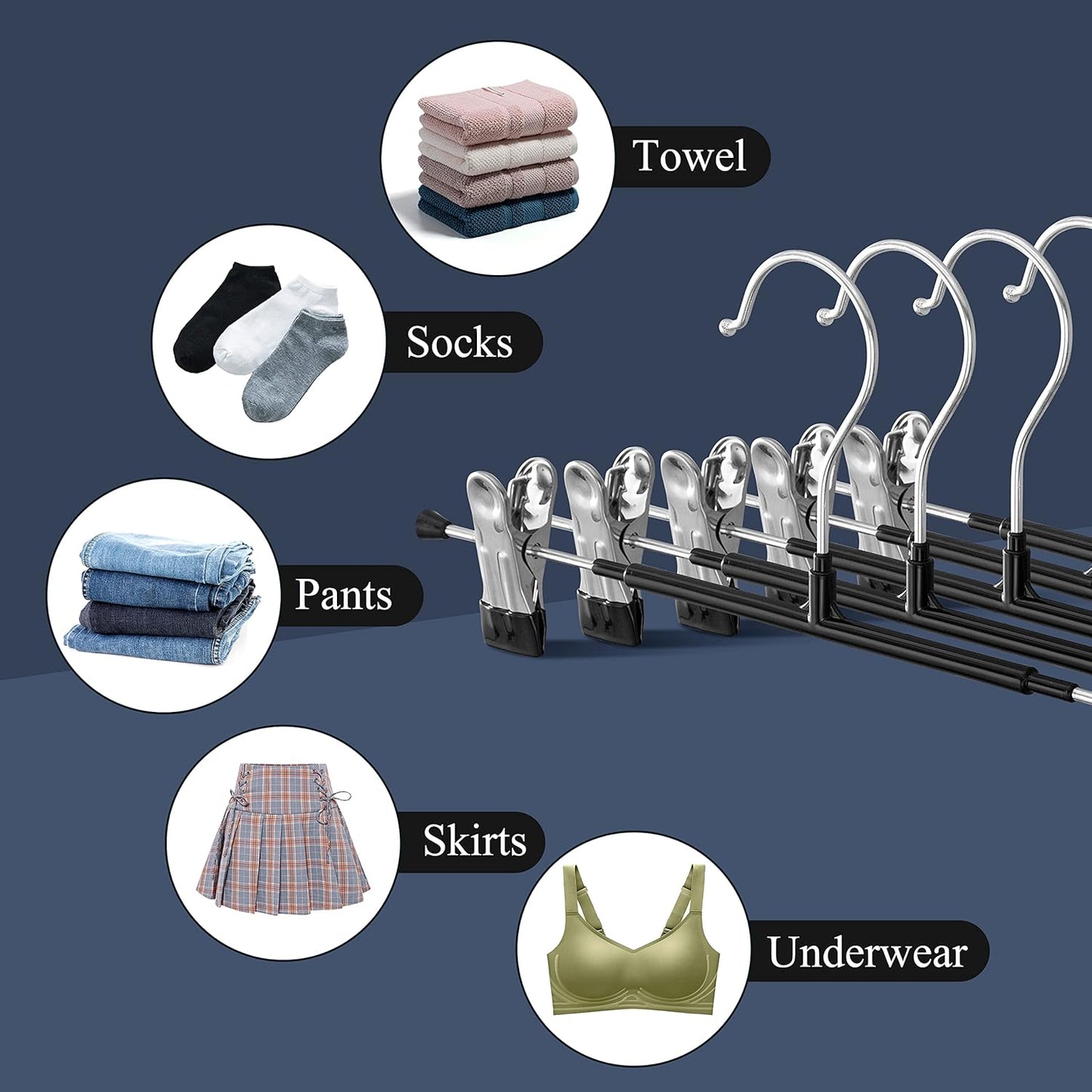 14Inch Black Pants Hangers with Clips 10 Pack Adjustable Skirt Hangers for Women Non-Slip Trousers Hanger for Jeans Clothes Hangers for Pants Heavy Duty Space Saving Shorts Hangers