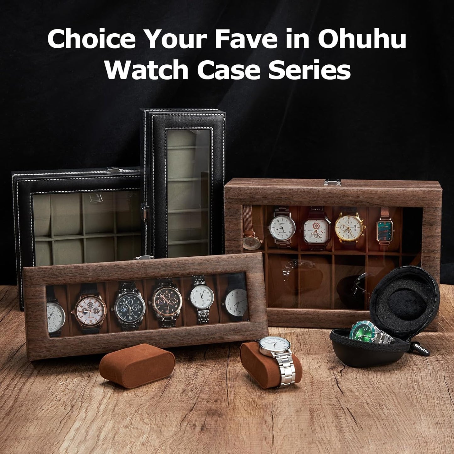 Ohuhu Watch Box Organizer for Men -12 Slot Leather Watch Case with Real Glass Lid Watch Display Case, Watch Organizer Jewelry Storage Box
