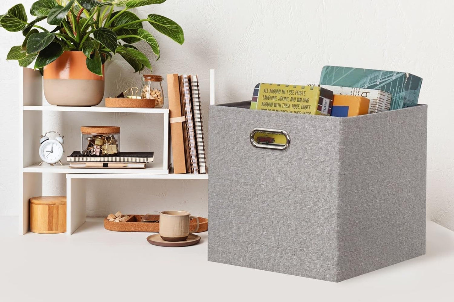 DECOMOMO Fabric Cube Storage Bin - Storage Baskets for Shelves, Kallax (Grey & White, 13 inch Cube) - 4 Pack